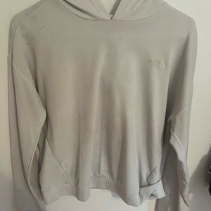 White/Cream, north face, hoodie/long sleeve. Small stain on front, not very big.